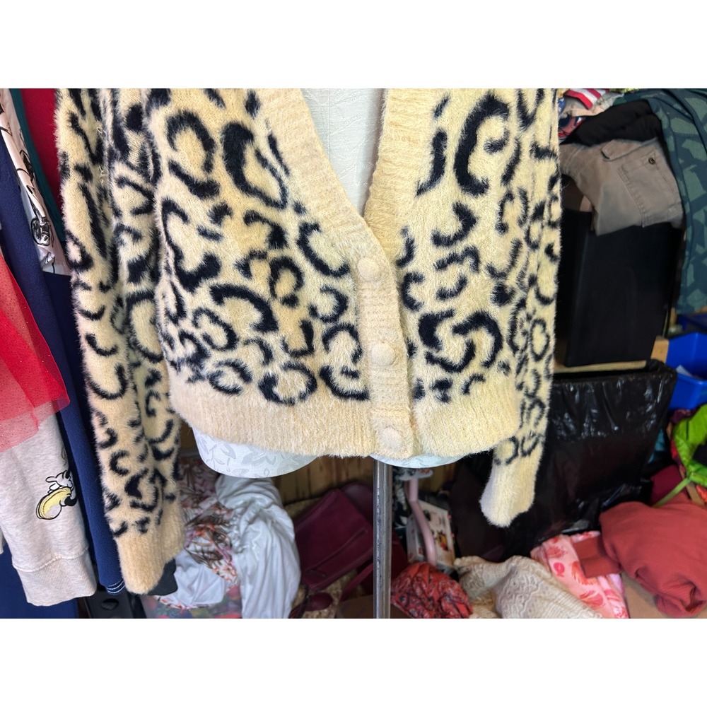For Love & Lemons Leopard Print Fuzzy Cardigan Sweater Yellow Black Defect XL - Picture 4 of 11